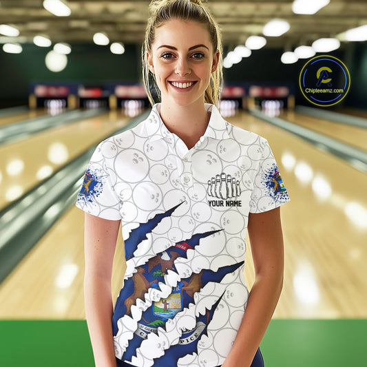 Custom Michigan Flag Bowling Team Polo Shirts For Women, Michigan Bowling League Shirt IPHW9837