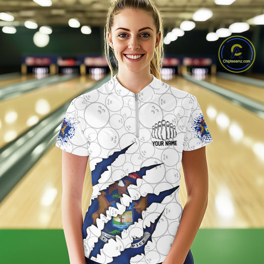 Custom Michigan Flag Bowling Team Women Quarter-Zip Shirt, Michigan Bowling League Shirt IPHW9837