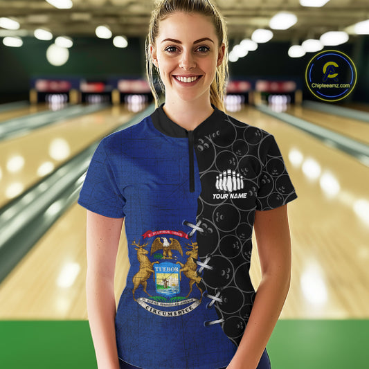 Michigan Flag Custom Bowling Team Shirts For Women, Patriotic Bowling League Shirt IPHW10717
