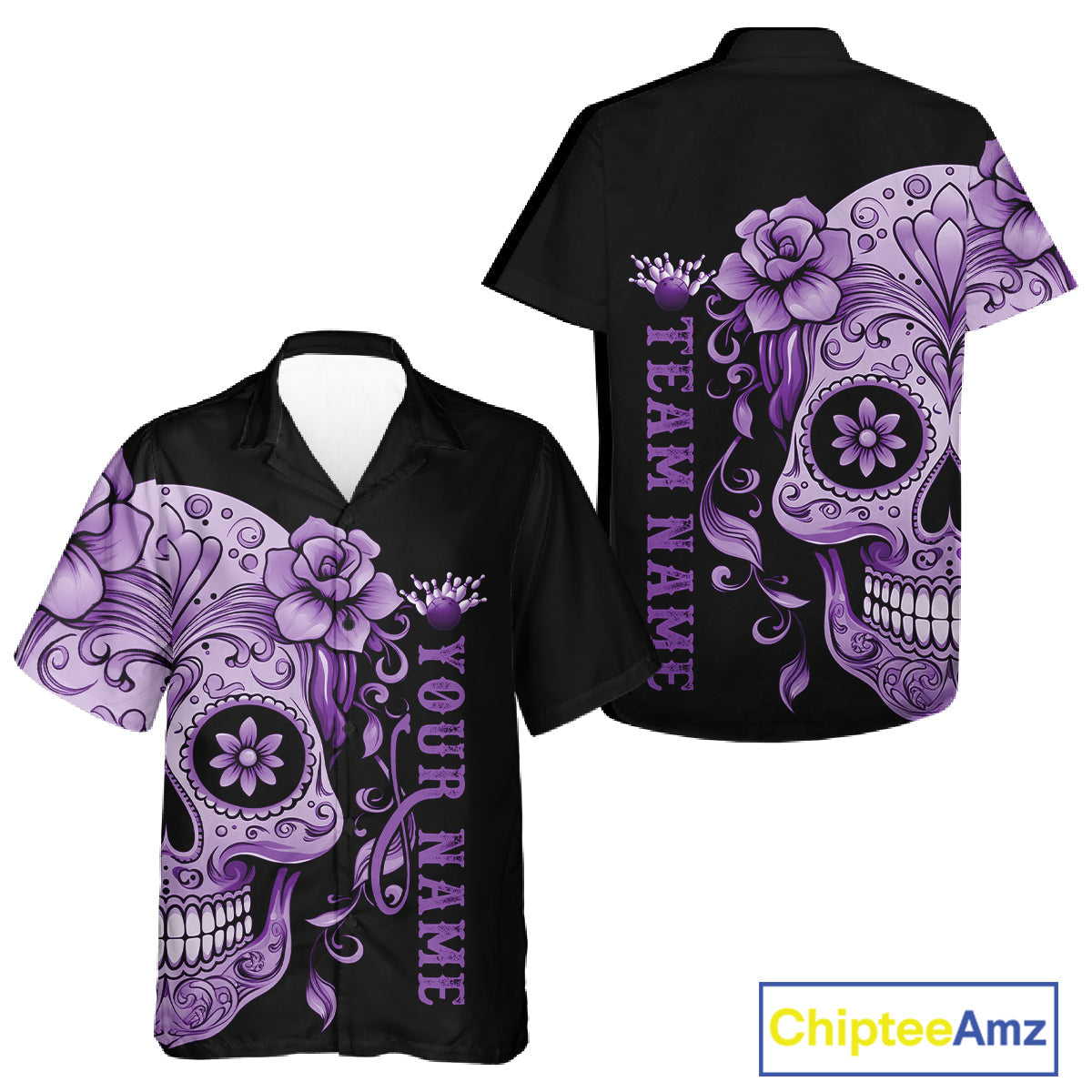 Purple Sugar Skull Tattoo Custom Men And Women Bowling Hawaiian Shirt, Halloween Team Bowling Jerseys IPHW10722