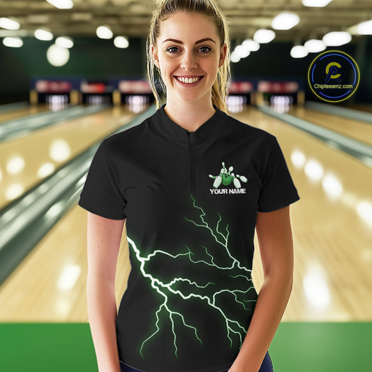 Custom Green Lightning Bowling Ball With Wings Bowling Women Team Shirt, Bowling Jerseys IPHW10730