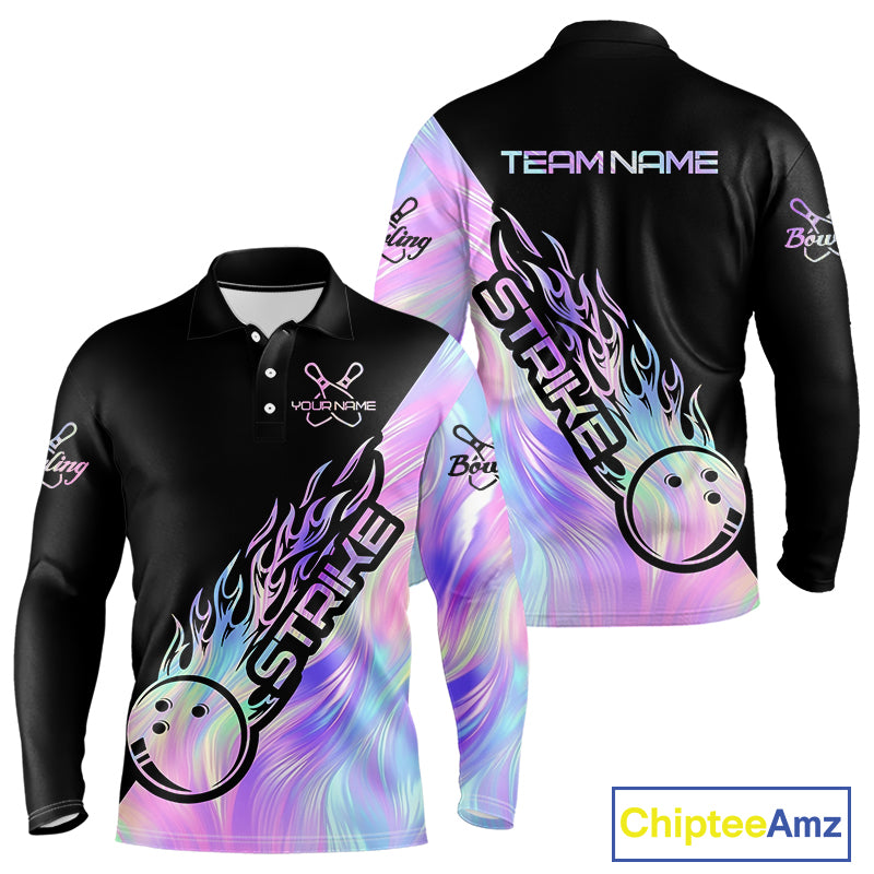 Strike Bowling Long Sleeve Polo Shirts For Men, Custom Hologram Bowling Team Shirts Bowler Outfit IPHW5242