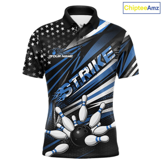 Custom Black And Blue US Flag Patriotic Strike Bowling Team Shirt, Freedom Bowling League Shirt Bowler Jerseys IPHW10458