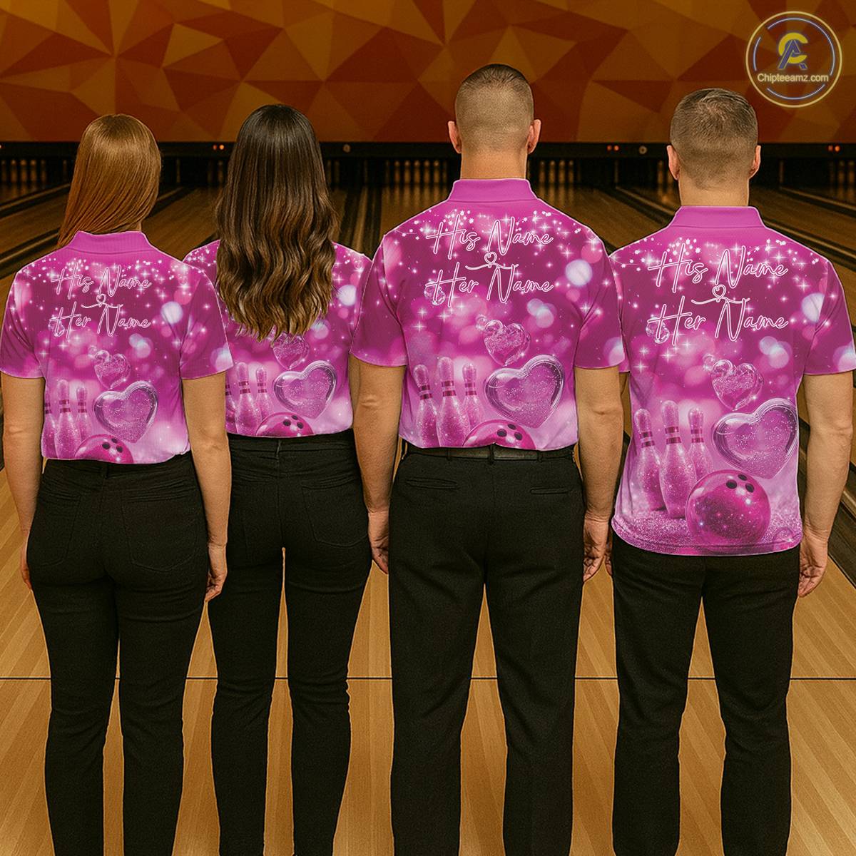 Custom Pink Valentine Bowling Couple Shirts, Pink Heart Theme Bowling Jerseys With His Name And Her Name IPHW10466