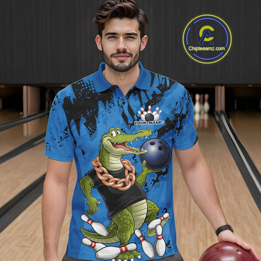 Blue Custom Funny Alligator Bowling Men Polo Shirt, Bowling Team Jerseys Bowler Outfit IPHW10773