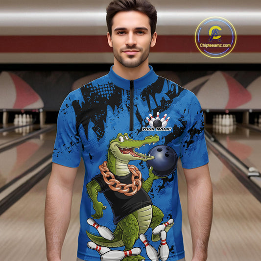 Blue Custom Funny Alligator Bowling Men Quarter-Zip Shirt, Bowling Team Jerseys Bowler Outfit IPHW10773