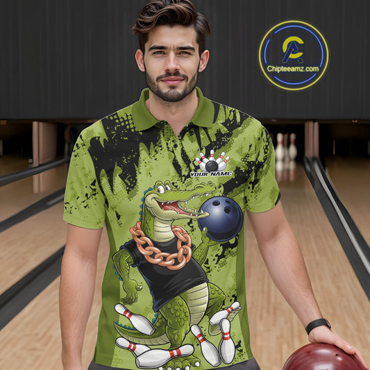 Green Custom Funny Alligator Bowling Men Polo Shirt, Bowling Team Jerseys Bowler Outfit IPHW10774