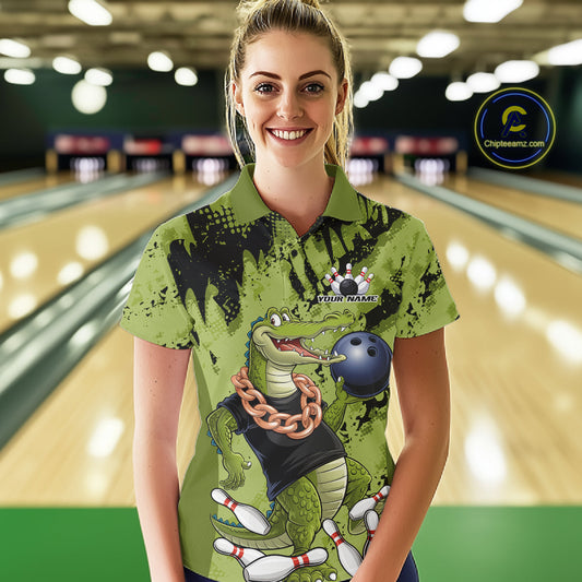 Green Custom Funny Alligator Bowling Women Polo Shirt, Bowling Team Jerseys Bowler Outfit IPHW10774
