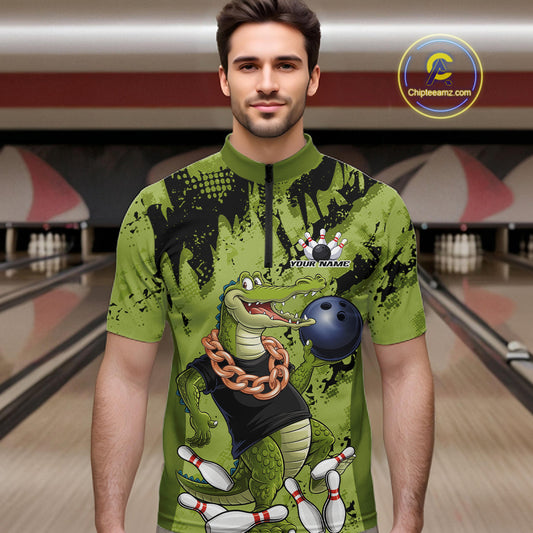 Green Custom Funny Alligator Bowling Men Quarter-Zip Shirt, Bowling Team Jerseys Bowler Outfit IPHW10774