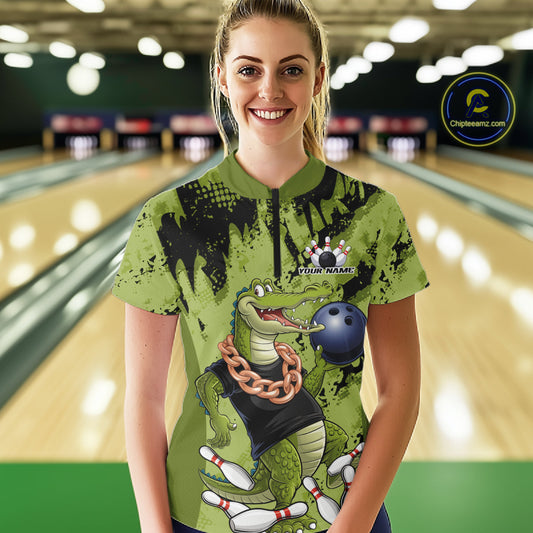 Green Custom Funny Alligator Bowling Women Shirt, Bowling Team Jerseys Bowler Outfit IPHW10774