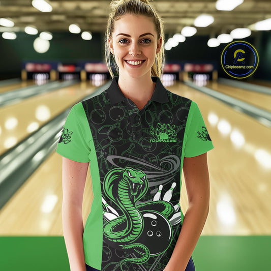 Custom Green Cobra Snake Bowling Team Women Polo Shirts, Bowling Pattern Shirt IPHW9704