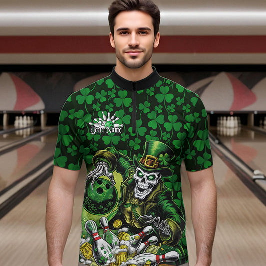 Custom Funny Saint Patricks Day Skull And Beer Bowling Quarter-Zip Shirt For Men, Lucky Team Shirt IPHW8607