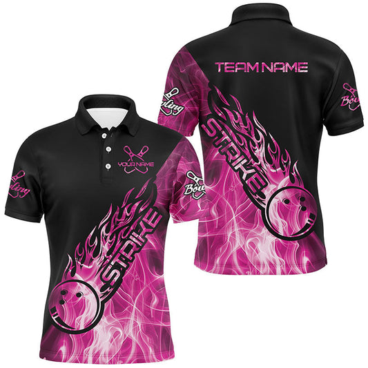Custom Pink Flame Bowling Shirts For Men, Bowling Team Shirts Bowling Strike IPHW7156