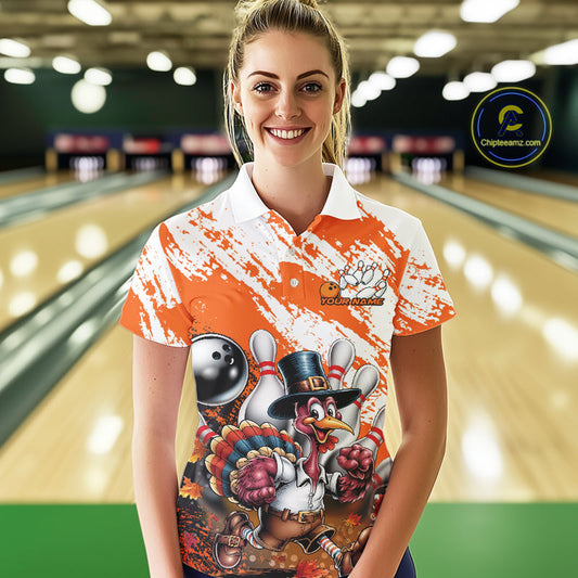 Custom Orange Turkey Bowling Women Polo Shirts, Funny Thanksgiving Bowling Team Shirts IPHW9718