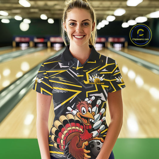Custom Funny Turkey Bowling Jerseys, Yellow Thanksgiving Bowling Team Women Polo Shirt IPHW9722