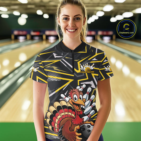 Custom Funny Turkey Bowling Jerseys, Yellow Thanksgiving Bowling Women Quarter-Zip Shirt IPHW9722