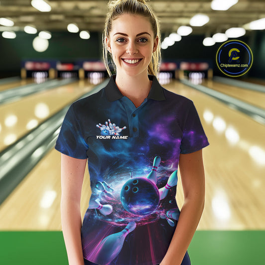 Custom Galaxy Bowling Polo Shirts For Women, Holographic Bowling Team Shirt IPHW9502
