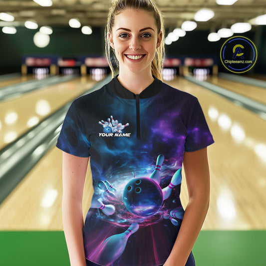 Custom Galaxy Bowling Quarter-Zip Shirts For Women, Holographic Bowling Team Shirt IPHW9502