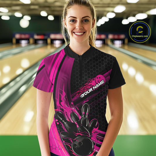 Custom Black And Pink Flame Bowling Jerseys, Bowling Team Quarter-Zip Shirts For Women IPHW9886