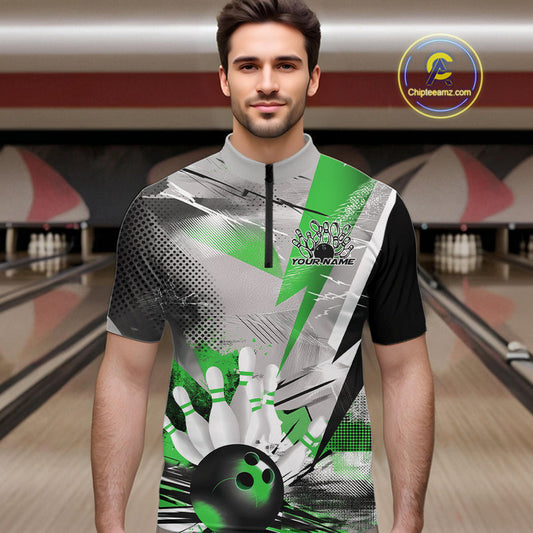 Custom Green And Gray Geometric Bowling Jerseys Bowling Team Quarter-Zip Shirts For Men IPHW9510