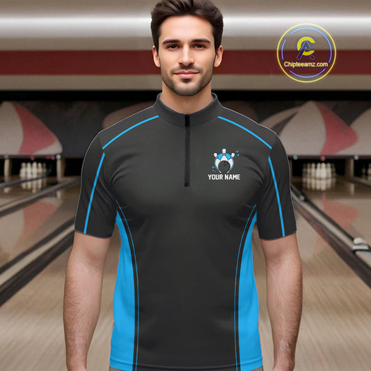 Custom Black And Ball Blue Classic Bowling Team Quarter-Zip Shirt For Men, Bowling League Shirt IPHW9911
