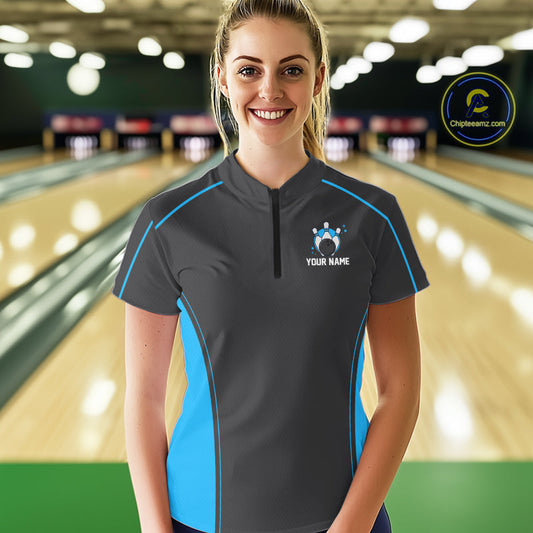 Custom Black And Ball Blue Classic Bowling Women Quarter-Zip Shirt, Bowling League Shirt IPHW9911