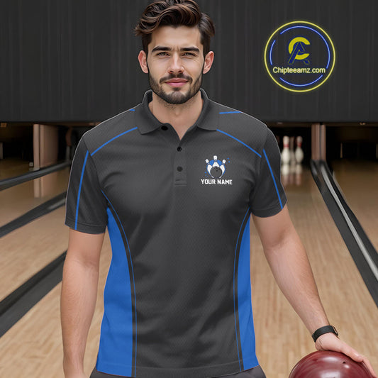 Custom Black And Mid Blue Classic Bowling Team Polo Shirt For Men, Bowling League Shirt IPHW9912
