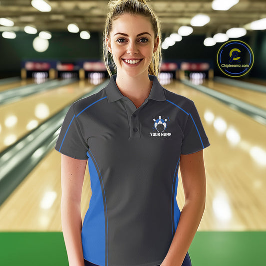 Custom Black And Mid Blue Classic Bowling Team Polo Shirt For Women, Bowling League Shirt IPHW9912