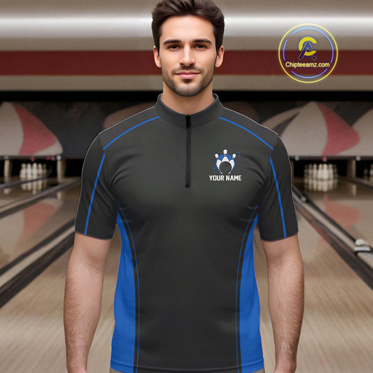 Custom Black And Mid Blue Classic Bowling Team Quarter-Zip Shirt For Men, Bowling League Shirt IPHW9912