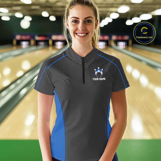 Custom Black And Mid Blue Classic Bowling Women Quarter-Zip Shirt, Bowling League Shirt IPHW9912