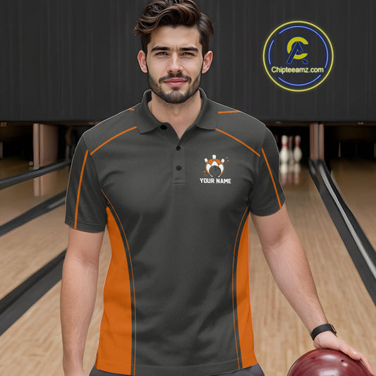 Custom Black And Orange Classic Bowling Team Polo Shirt For Men, Bowling League Shirt IPHW9913