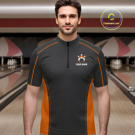 Custom Black And Orange Classic Bowling Team Quarter-Zip Shirt For Men, Bowling League Shirt IPHW9913