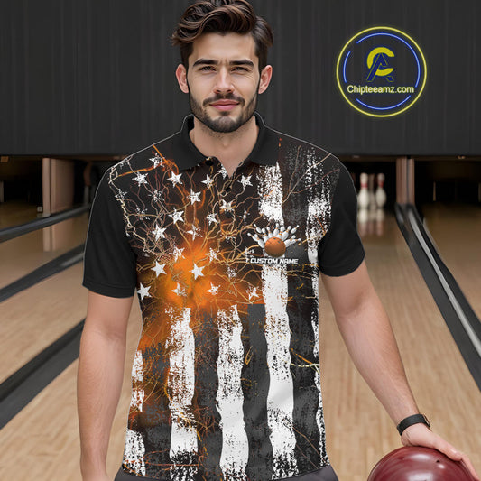 Orange Lightning US Flag Custom Bowling Team Jerseys, Patriotic Bowling Polo Shirt For Men IPHW9917