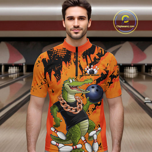 Custom Funny Alligator Bowling Quarter-Zip Shirt For Men, Grunge Orange Bowling Team Jerseys IPHW9923