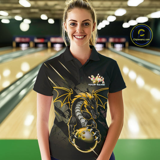 Custom Glowing Yellow Dragon Bowling Team Polo Shirts For Women, Dragon Bowling Jerseys IPHW9540