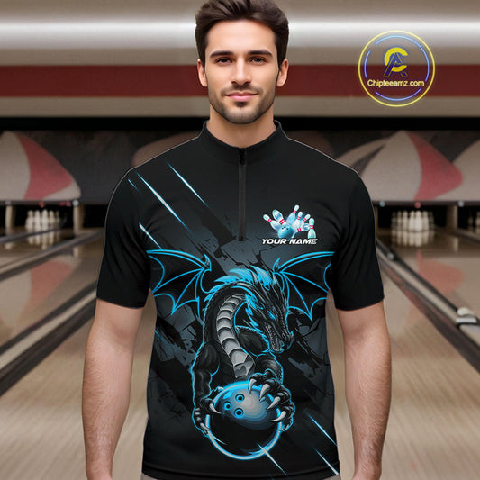 Custom Glowing Blue Dragon Bowling Team Quarter-Zip Shirts For Men, Dragon Bowling Jerseys IPHW9541
