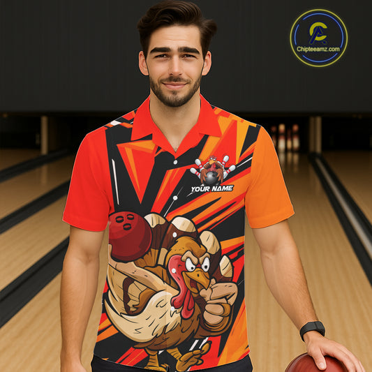 Custom Funny Turkey Bowling Shirts For Men, Orange Thanksgiving Bowling Shirt Team Uniform IPHW7587