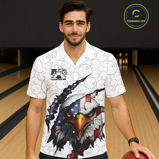 Custom Patriotic Eagle Men And Women Bowling Team Shirt, US Flag Eagle Bowling League Shirt IPHW10190