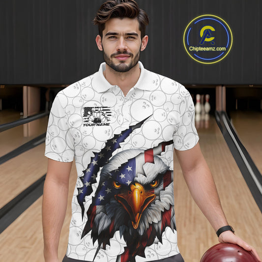 Custom Patriotic Eagle Men Bowling Team Shirt, US Flag Eagle Bowling League Shirt IPHW10190