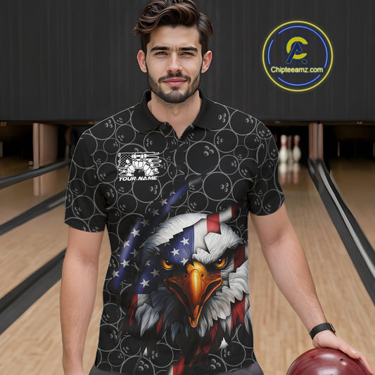 Custom Patriotic Eagle Men Bowling Team Shirt, US Flag Eagle Bowling League Shirt IPHW10191