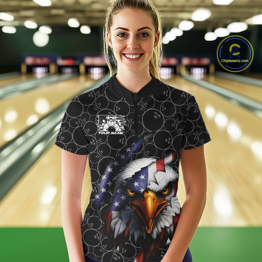 Custom Patriotic Eagle Women Bowling Team Shirt, US Flag Eagle Bowling League Shirt IPHW10191