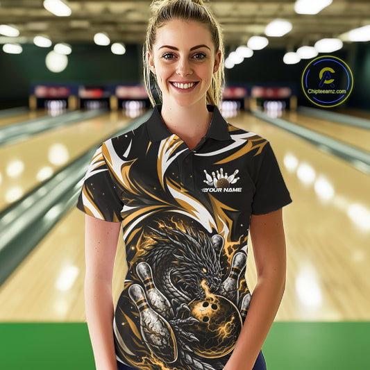 Custom Gold Lightning Dragon Bowling Women Polo Shirts, Dragon Bowling League Shirt IPHW10357