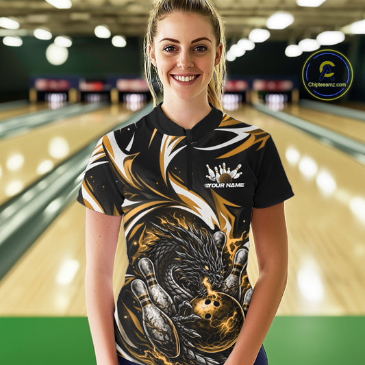 Custom Gold Lightning Dragon Bowling Women Quarter-Zip Shirts, Bowling League Shirt IPHW10357