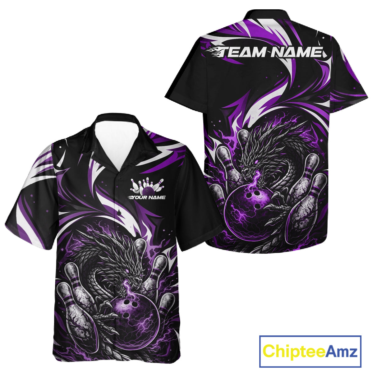 Custom Purple Lightning Dragon Bowling Men And Women Hawaiian Shirts, Dragon Bowling League Shirt IPHW10358