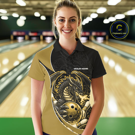 Custom Yellow Fire Dragon Bowling Jerseys, Dragon Bowling Team Women Polo Shirt IPHW10367
