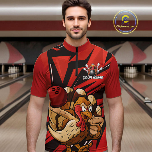 Custom Funny Turkey Bowling Shirts For Men, Red Thanksgiving Bowling Shirt Team Uniform IPHW10675