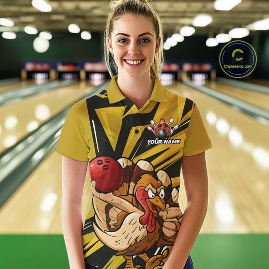 Custom Funny Turkey Bowling Shirts For Women, Yellow Thanksgiving Bowling Shirt Team Uniform IPHW10676