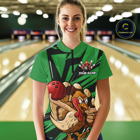 Custom Funny Turkey Bowling Shirts Women, Green Thanksgiving Bowling Shirt Team Uniform IPHW10677