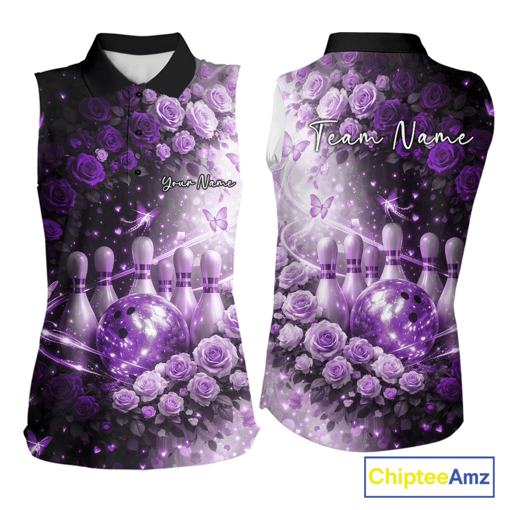 Custom Dreamy Purple Roses And Butterfly Women Bowling Sleeveless Shirt, Ladies Bowling Shirt IPHW10899
