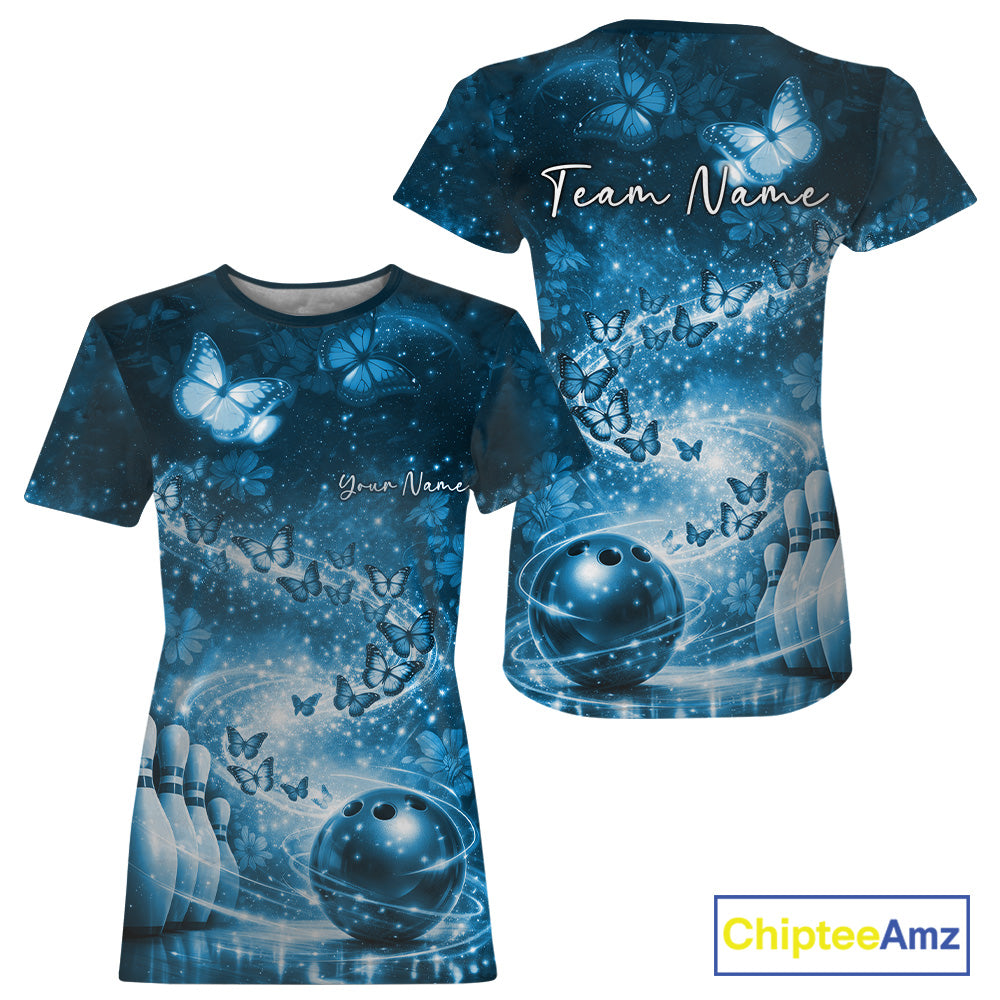 Custom Elegant Blue Butterfly Women Bowling, Ladies Bowling Team Outfit IPHW10910